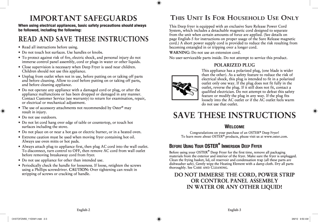 Oster CKSTDFZM55 Save These Instructions, Important Safeguards, Read And Save These Instructions, Polarized Plug, Welcome 
